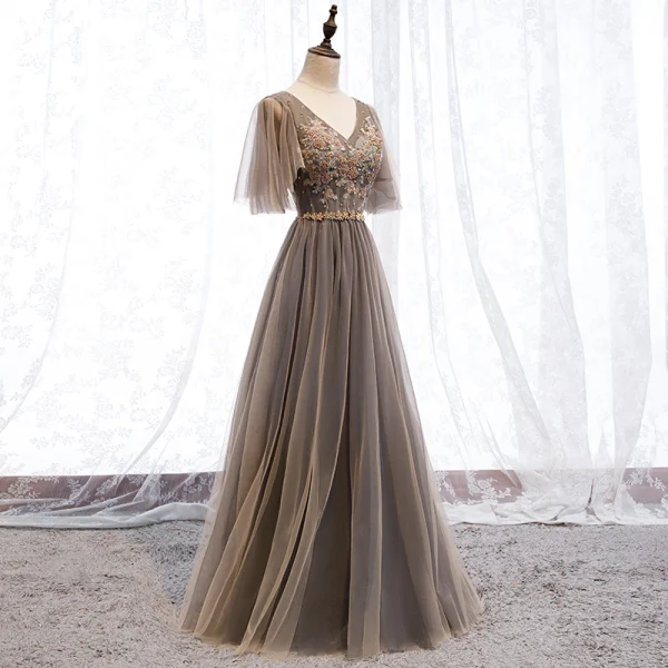 Elegant Brown Evening Dresses 2019 A-Line / Princess V-Neck Beading Rhinestone Sequins Lace Flower Short Sleeve Backless Floor-Length / Long Formal Dresses