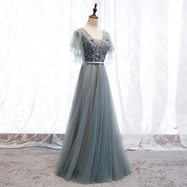 Elegant Grey Evening Dresses  2019 A-Line / Princess V-Neck Beading Sequins Lace Flower Sash Short Sleeve Backless Floor-Length / Long Formal Dresses