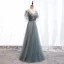 Elegant Grey Evening Dresses  2019 A-Line / Princess V-Neck Beading Sequins Lace Flower Sash Short Sleeve Backless Floor-Length / Long Formal Dresses