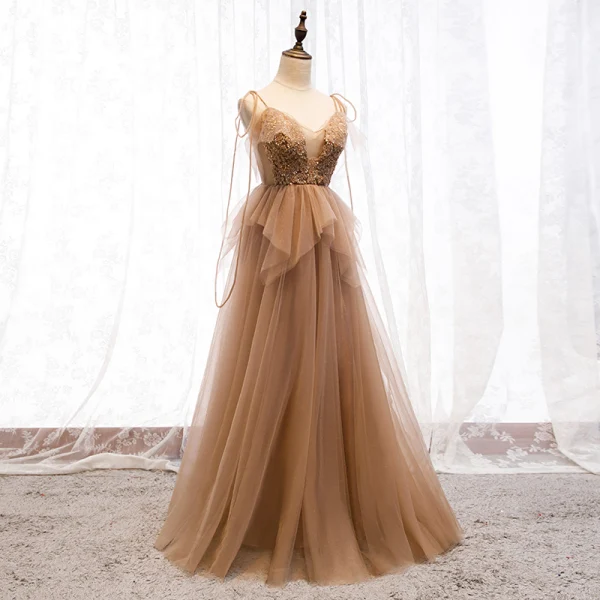 Modern / Fashion Brown Evening Dresses 2019 A-Line / Princess Spaghetti Straps Beading Sequins Lace Flower Sleeveless Backless Floor-Length / Long Formal Dresses