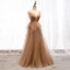 Modern / Fashion Brown Evening Dresses  2019 A-Line / Princess Spaghetti Straps Beading Sequins Lace Flower Sleeveless Backless Floor-Length / Long Formal Dresses