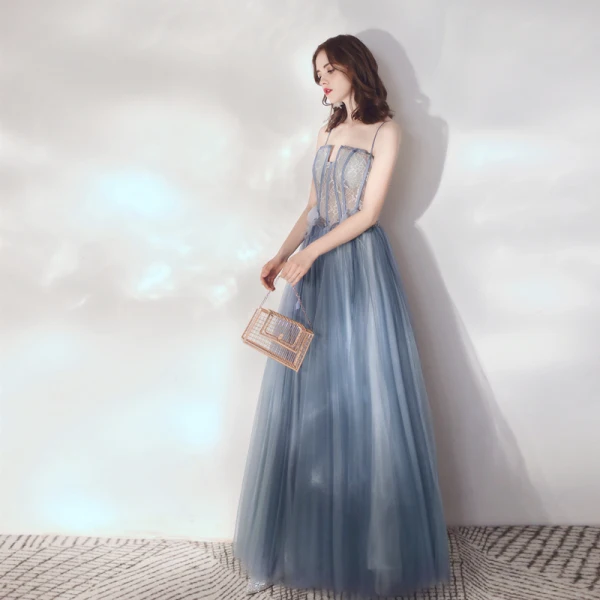 Charming Ocean Blue Prom Dresses 2019 A-Line / Princess Unusual Spaghetti Straps Lace Flower Appliques Sleeveless Backless Floor-Length / Long Formal Dresses