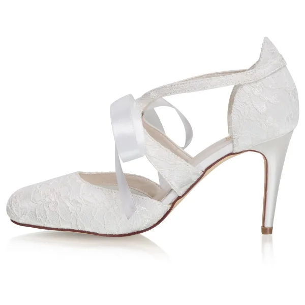 Elegant Ivory Satin Lace Wedding Shoes 2021 Bow 8 cm Stiletto Heels Pointed Toe Wedding High Heels