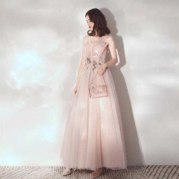 Élégant Rougissant Rose Robe De Soirée 2019 Princesse Volants Bustier En Dentelle Fleur Sans Manches Dos Nu Longueur Cheville Robe De Ceremonie