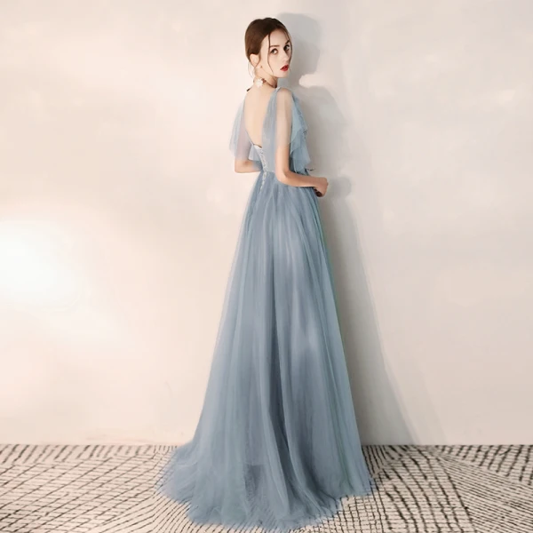 Elegant Sky Blue Evening Dresses  2019 A-Line / Princess V-Neck Beading Lace Flower Short Sleeve Backless Floor-Length / Long Formal Dresses
