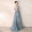 Elegant Sky Blue Evening Dresses  2019 A-Line / Princess V-Neck Beading Lace Flower Short Sleeve Backless Floor-Length / Long Formal Dresses