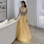 Sexy Jaune Robe De Soirée 2019 Princesse V-Cou Paillettes Sans Manches Dos Nu Longue Robe De Ceremonie