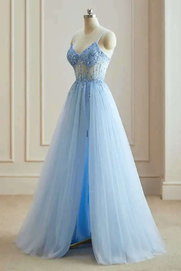 Sexy Himmelblau Gespaltete Front Ballkleider 2024 A Linie Spaghettiträger Pailletten Ärmellos Lange Festliche Kleider