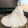 Luxury / Gorgeous Champagne Wedding Dresses 2019 Ball Gown Off-The-Shoulder Beading Pearl Crystal Tassel Lace Flower Short Sleeve Backless Cascading Ruffles Cathedral Train