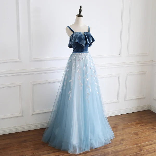 Modern / Fashion Pool Blue Prom Dresses 2019 A-Line / Princess Suede Spaghetti Straps Sequins Lace Flower Sleeveless Backless Floor-Length / Long Formal Dresses