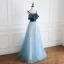 Modern / Fashion Pool Blue Prom Dresses 2019 A-Line / Princess Suede Spaghetti Straps Sequins Lace Flower Sleeveless Backless Floor-Length / Long Formal Dresses