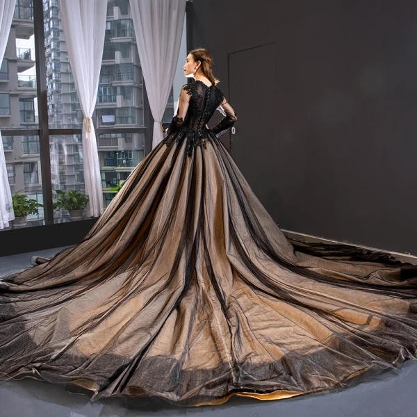 Luxury / Gorgeous Black Prom Dresses 2019 A-Line / Princess Scoop Neck Lace Flower Long Sleeve Cathedral Train Formal Dresses