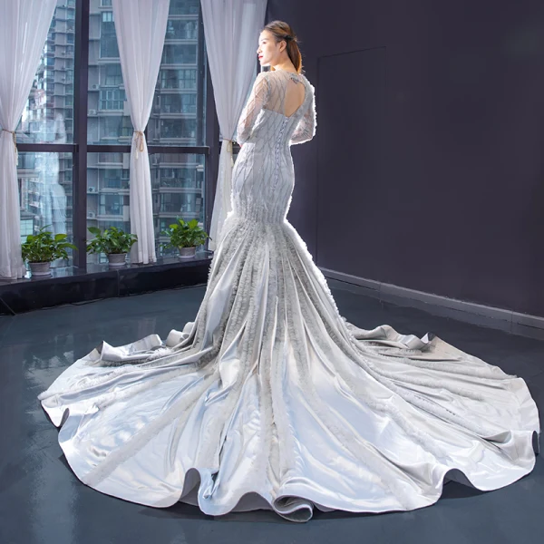 Elegant Silver Evening Dresses 2019 Trumpet / Mermaid Scoop Neck Beading Long Sleeve Backless Cathedral Train Formal Dresses