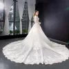 Luxury / Gorgeous Ivory Wedding Dresses 2019 Trumpet / Mermaid Scoop Neck Beading Sequins Lace Flower Long Sleeve Backless Detachable Chapel Train