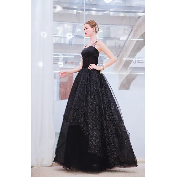 Chic / Belle Noire Robe De Bal 2019 Princesse Bretelles Spaghetti Sans Manches Dos Nu Paillettes Longue Robe De Ceremonie