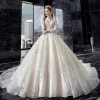 Elegant Ivory Wedding Dresses 2019 A-Line / Princess Scoop Neck Beading Sequins Lace Flower 3/4 Sleeve Backless Royal Train