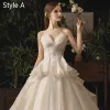 Classy Champagne Wedding Dresses 2019 A-Line / Princess Strapless Appliques Pearl Sequins Lace Flower Sleeveless Backless Cascading Ruffles Royal Train