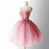Chic / Beautiful Candy Pink Party Dresses 2018 Ball Gown Beading Crystal Lace Appliques Sash Scoop Neck Sleeveless Backless Short Formal Dresses