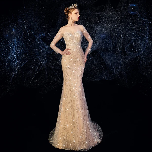 Haut de Gamme Champagne Robe De Mariée 2019 Trompette / Sirène Encolure Dégagée Perlage Faux Diamant Paillettes En Dentelle Fleur Manches Longues Dos Nu Détachable Chapel Train