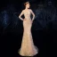 Haut de Gamme Champagne Robe De Mariée 2019 Trompette / Sirène Encolure Dégagée Perlage Faux Diamant Paillettes En Dentelle Fleur Manches Longues Dos Nu Détachable Chapel Train