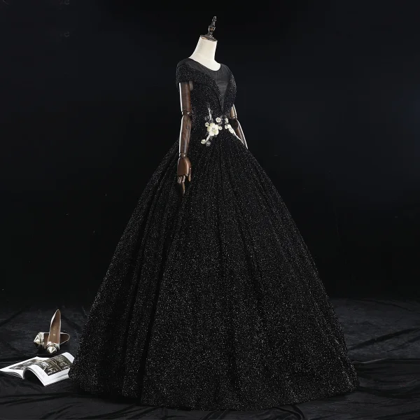 Classy Black Prom Dresses 2019 A-Line / Princess Scoop Neck Beading Crystal Pearl Rhinestone Lace Flower Short Sleeve Backless Floor-Length / Long Formal Dresses
