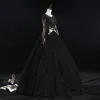 Classy Black Prom Dresses 2019 A-Line / Princess Scoop Neck Beading Crystal Pearl Rhinestone Lace Flower Short Sleeve Backless Floor-Length / Long Formal Dresses