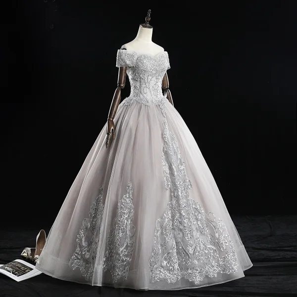 Elegant Grey Prom Dresses 2019 A-Line / Princess Off-The-Shoulder Pearl Lace Flower Short Sleeve Backless Floor-Length / Long Formal Dresses