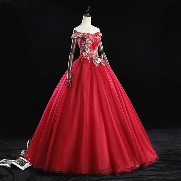 Chic / Beautiful Burgundy Prom Dresses 2019 Ball Gown Off-The-Shoulder Pearl Rhinestone Lace Flower Sleeveless Backless Floor-Length / Long Formal Dresses