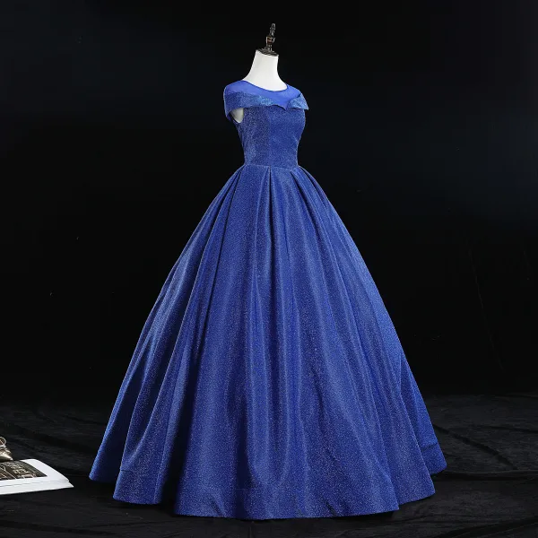 Elegant Royal Blue Prom Dresses 2019 Ball Gown Scoop Neck Glitter Tulle Cap Sleeves Backless Floor-Length / Long Formal Dresses