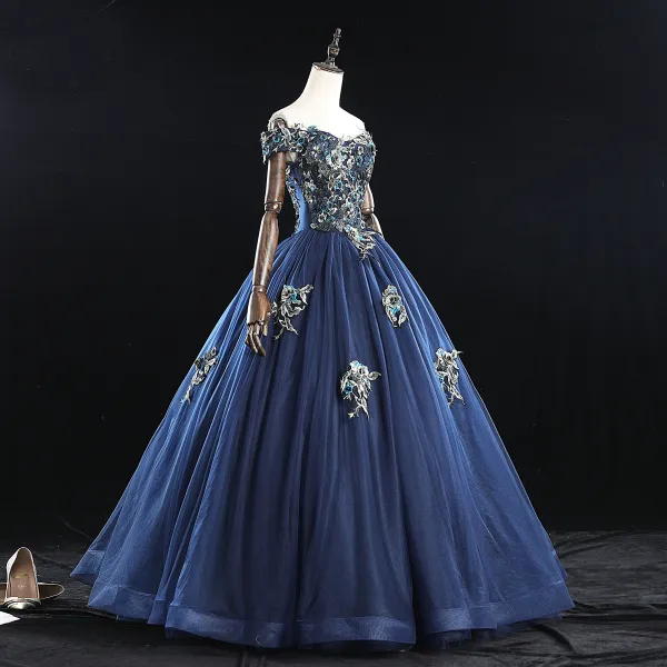 Vintage / Retro Navy Blue Prom Dresses 2019 A-Line / Princess Off-The-Shoulder Pearl Lace Flower Sleeveless Backless Floor-Length / Long Formal Dresses