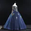 Vintage / Retro Navy Blue Prom Dresses 2019 A-Line / Princess Off-The-Shoulder Pearl Lace Flower Sleeveless Backless Floor-Length / Long Formal Dresses