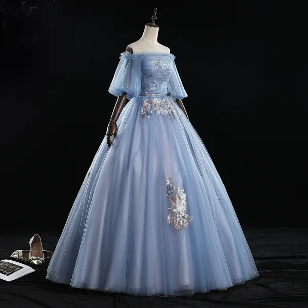 Chic / Beautiful Sky Blue Prom Dresses 2019 Ball Gown Off-The-Shoulder Bow Lace Flower Ruffle Short Sleeve Backless Floor-Length / Long Formal Dresses