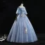Chic / Beautiful Sky Blue Prom Dresses 2019 Ball Gown Off-The-Shoulder Bow Lace Flower Ruffle Short Sleeve Backless Floor-Length / Long Formal Dresses