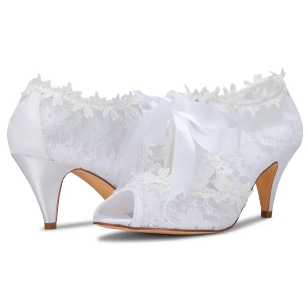 Piękne Białe Satyna Z Koronki Buty Ślubne 2021 Kokarda 6 cm Szpilki Peep Toe Ślub Wysokie Obcasy