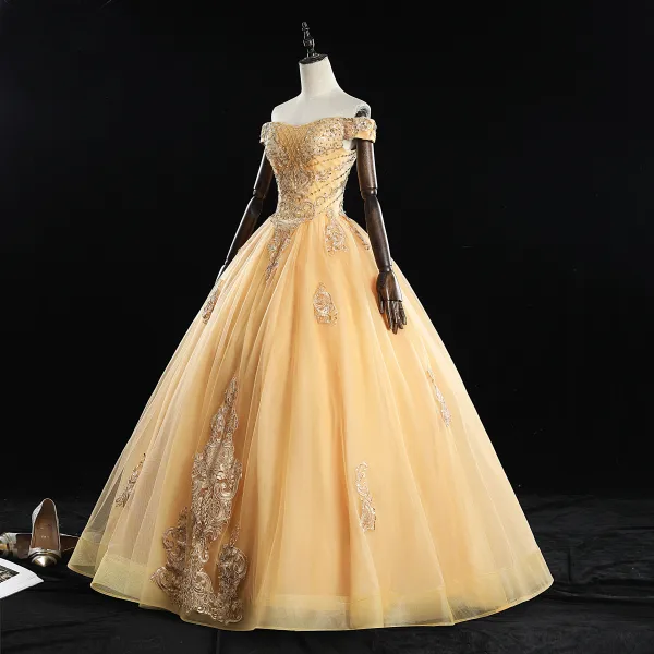 gold quinceanera homecoming dresses Tulle Ball Gown Prom Dresses With Gold Appliques, Quinceanera Dresses, MP759