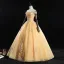 Classic Gold Quinceañera Prom Dresses 2019 Ball Gown Off-The-Shoulder Beading Sequins Lace Flower Sleeveless Backless Floor-Length / Long Formal Dresses