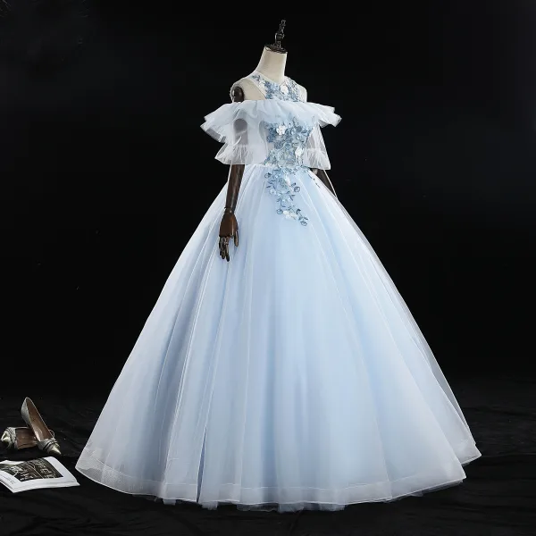 Classy Sky Blue Prom Dresses 2019 Ball Gown Scoop Neck Pearl Lace Flower Appliques Short Sleeve Backless Floor-Length / Long Formal Dresses