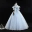 Classy Sky Blue Prom Dresses 2019 Ball Gown Scoop Neck Pearl Lace Flower Appliques Short Sleeve Backless Floor-Length / Long Formal Dresses