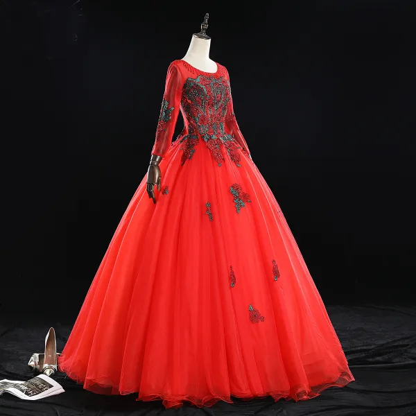 Elegant Red Prom Dresses 2019 Ball Gown Scoop Neck Beading Tassel Rhinestone Lace Flower Long Sleeve Backless Floor-Length / Long Formal Dresses