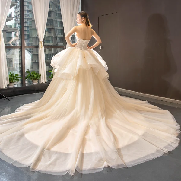 Haut de Gamme Champagne Robe De Mariée 2023 Robe Boule Volants Bustier En Dentelle Fleur Sans Manches Dos Nu Volants en Cascade Royal Train