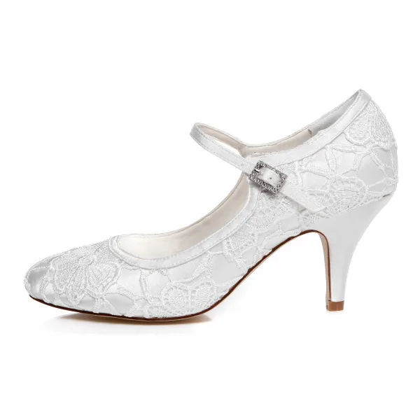 Modest / Simple Ivory Satin Wedding Shoes 2021 Lace Flower Wedding 7 cm Stiletto Heels Pointed Toe Pumps High Heels