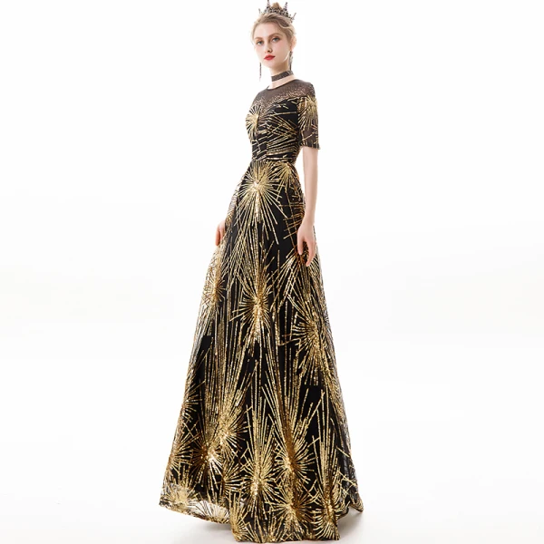 Chic / Beautiful Black Gold Evening Dresses 2019 A-Line / Princess Scoop Neck Sequins Rhinestone Short Sleeve Floor-Length / Long Formal Dresses