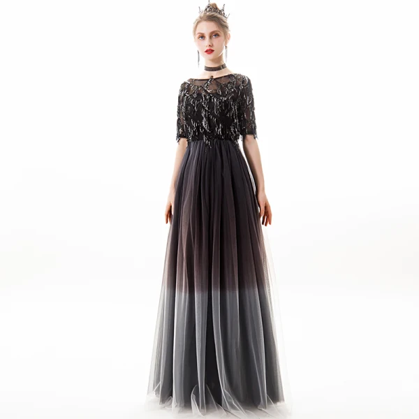 Chic / Belle Noire Argenté Robe De Soirée 2019 Princesse Encolure Dégagée Paillettes Gland 1/2 Manches Longue Robe De Ceremonie