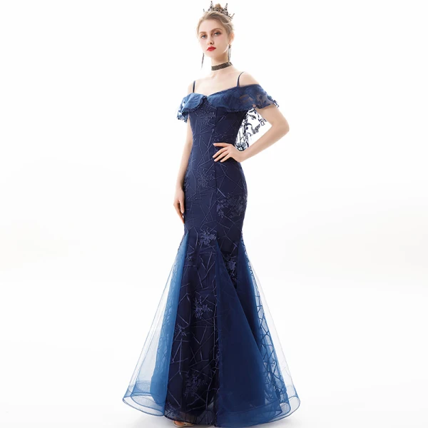 Charmant Bleu Marine Robe De Soirée 2019 Trompette / Sirène De l'épaule En Dentelle Fleur Manches Courtes Dos Nu Longue Robe De Ceremonie