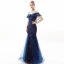 Charmant Bleu Marine Robe De Soirée 2019 Trompette / Sirène De l'épaule En Dentelle Fleur Manches Courtes Dos Nu Longue Robe De Ceremonie