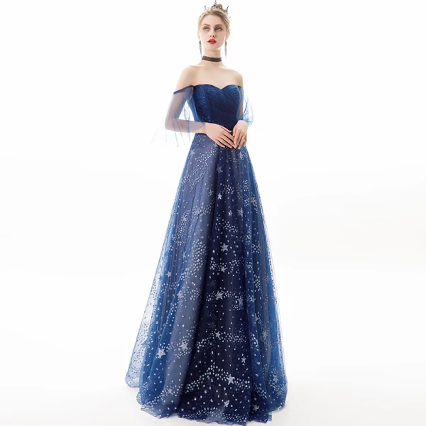 Stylowe / Modne Granatowe Sukienki Wieczorowe 2019 Princessa Przy Ramieniu Gwiazda Cekiny Kótkie Rękawy Bez Pleców Długie Sukienki Wizytowe