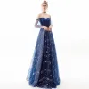 Moderne / Mode Bleu Marine Robe De Soirée 2019 Princesse De l'épaule Étoile Paillettes Manches Courtes Dos Nu Longue Robe De Ceremonie