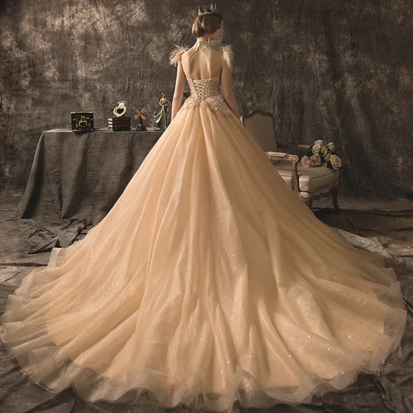 High-end Champagne Wedding Dresses 2019 A-Line / Princess High Neck Beading Sequins Lace Flower Short Sleeve Tassel Backless Cathedral Train