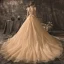 High-end Champagne Wedding Dresses 2019 A-Line / Princess High Neck Beading Sequins Lace Flower Short Sleeve Tassel Backless Cathedral Train