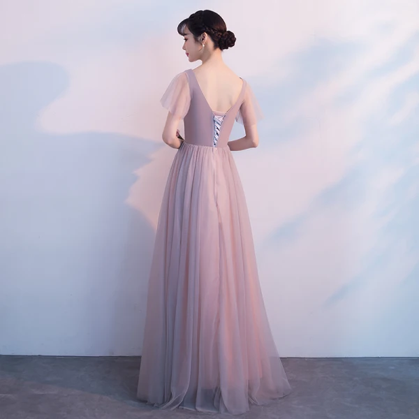 Chic / Beautiful Pearl Pink Prom Dresses 2018 A-Line / Princess Beading Crystal Lace Appliques V-Neck Backless Short Sleeve Floor-Length / Long Formal Dresses